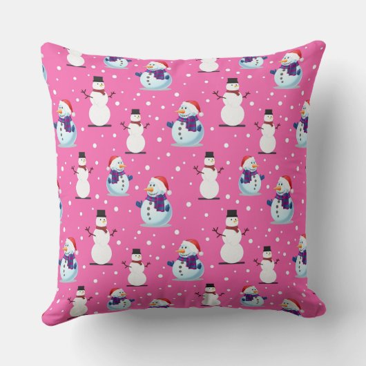 Vrolijk Sneeuwmannen Roze Achtergrondpatroon Kussen (Achterkant)