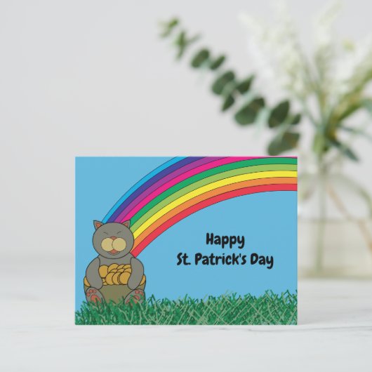 Vrolijk St. Patricks Day Cat Rainbow Pot of Gold Briefkaart (Staand voorkant)