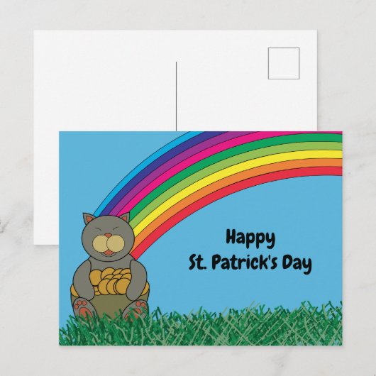 Vrolijk St. Patricks Day Cat Rainbow Pot of Gold Briefkaart (Voorkant / Achterkant)