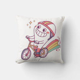 Vrolijk stripfiguurtje op fiets met regenboog kussen