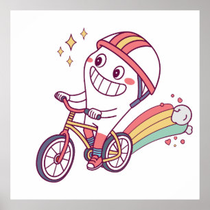 Vrolijk stripfiguurtje op fiets met regenboog poster