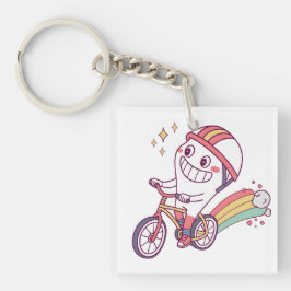 Vrolijk stripfiguurtje op fiets met regenboog sleutelhanger