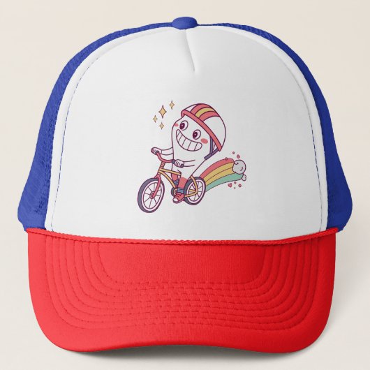 Vrolijk stripfiguurtje op fiets met regenboog trucker pet (Voorkant)