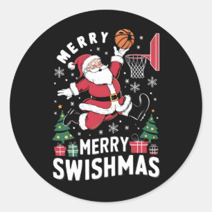 Vrolijk Swishmas Kerstmis Kerstman Spelen Basketba Ronde Sticker