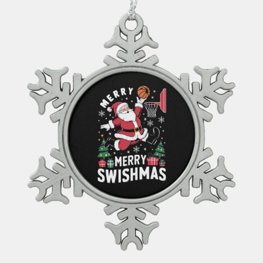 Vrolijk Swishmas Kerstmis Kerstman Spelen Basketba Tin Sneeuwvlok Ornament (Voorkant)