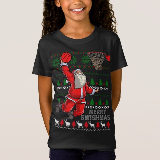 Vrolijk Swishmas Santa Basketbal Lelijk Kerstmis T-shirt (Voorkant)