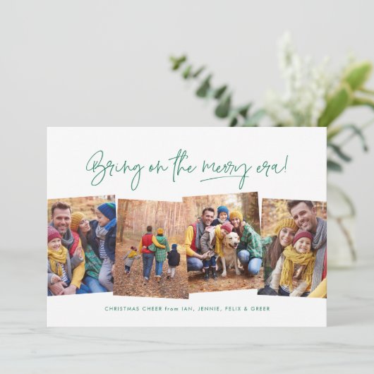 Vrolijk tijdperk grappig vier foto groene kerst feestdagenkaart (Staand voorkant)