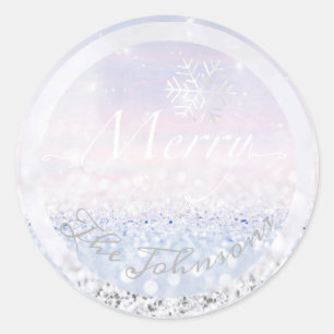 Vrolijk van de familienaam Snowflakes Blue Glitter Ronde Sticker