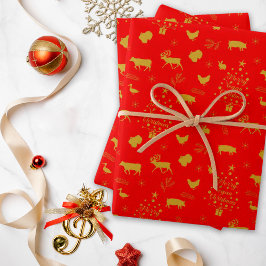 Vrolijk Vegan Kerstmis Rode en Gouden Boerderij Di Inpakpapier Vel