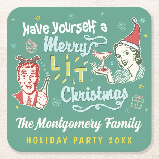 Vrolijk verlicht Kerst Retro Mideeuw Modern Grappi Kartonnen Onderzetters (Voorkant)