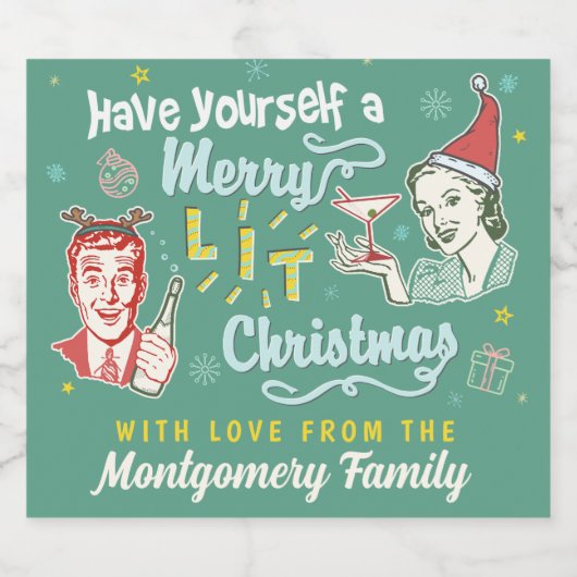 Vrolijk verlicht Kerst Retro Mideeuw Modern Grappi Sparkling Wijnetiket (Enkel label)