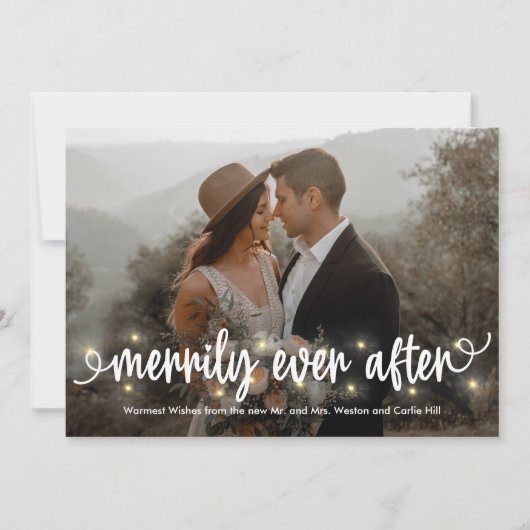 vrolijk verlicht net getrouwd vakantie fotokaart feestdagenkaart (Voorkant)