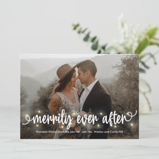 vrolijk verlicht net getrouwd vakantie fotokaart feestdagenkaart (Staand voorkant)