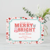 Vrolijk vrolijk en helder | Retro roze en rode Hol Feestdagenkaart (Staand voorkant)