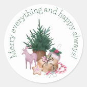 Vrolijk & vrolijk retro  groen roze kerst ronde sticker (Voorkant)