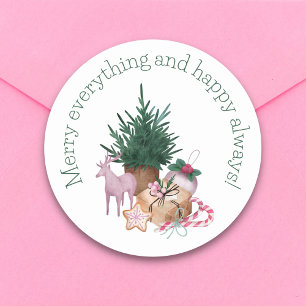 Vrolijk & vrolijk retro  groen roze kerst ronde sticker