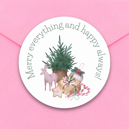 Vrolijk & vrolijk retro  groen roze kerst ronde sticker