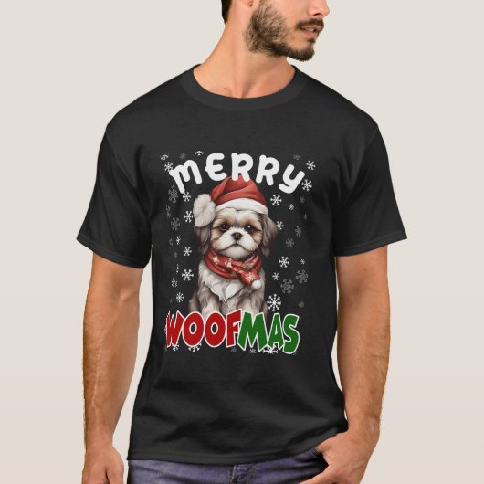 Vrolijk Woofmas Vrolijk Kerstfeest Grappig Shih Tz T-shirt (Voorkant)