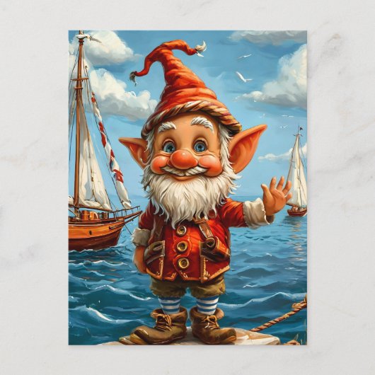 Vrolijk Zee Gnome: Groeten aan de pier. Briefkaart (Voorkant)