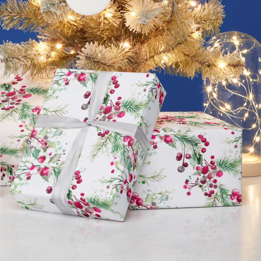 Vrolijk zeer bessen kerst hulst rode waterverf cadeaupapier (Feestdagen)