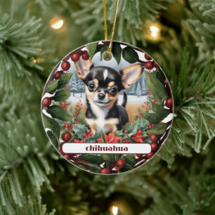 Vrolijk Zwart Chihuahua Puppy Aangepaste Kerstmis Keramisch Ornament