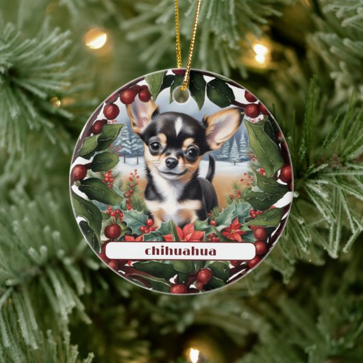 Vrolijk Zwart Chihuahua Puppy Aangepaste Kerstmis Keramisch Ornament (Boom)
