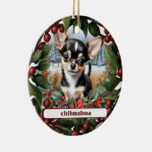 Vrolijk Zwart Chihuahua Puppy Aangepaste Kerstmis Keramisch Ornament (Rechts)