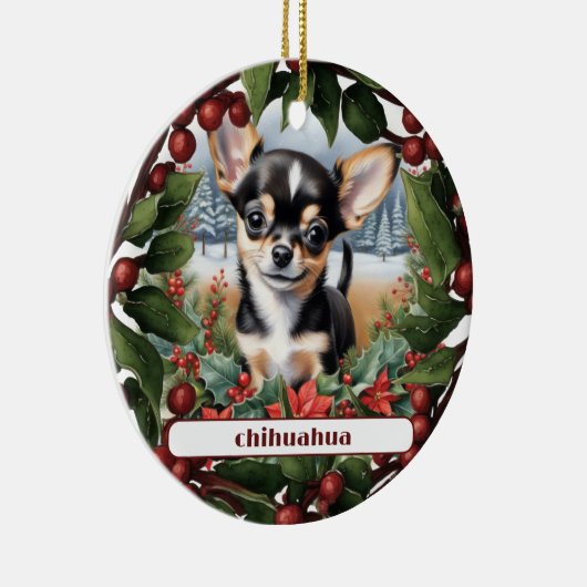 Vrolijk Zwart Chihuahua Puppy Aangepaste Kerstmis Keramisch Ornament (Rechts)