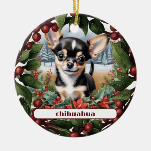 Vrolijk Zwart Chihuahua Puppy Aangepaste Kerstmis Keramisch Ornament (Voorkant)
