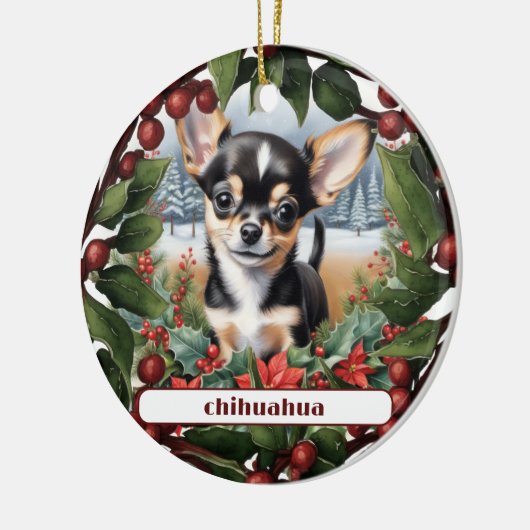 Vrolijk Zwart Chihuahua Puppy Aangepaste Kerstmis Keramisch Ornament (Links)