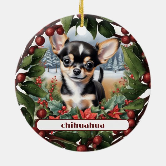 Vrolijk Zwart Chihuahua Puppy Aangepaste Kerstmis Keramisch Ornament (Achterkant)