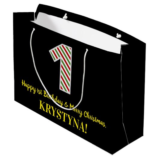 Vrolijke 1-jaardag en vrolijk kerstfeest, aangepas groot cadeauzakje (Achterkant Gekanteld)