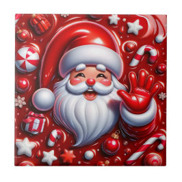 Vrolijke 3D Kerstman in Rode Keramische Tegels Tegeltje