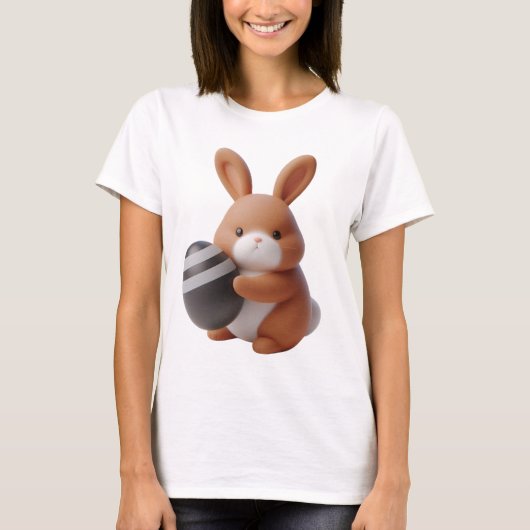 Vrolijke 3D paashaas met versierd ei T-shirt (Voorkant)