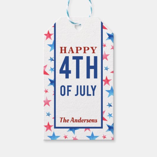 Vrolijke 4 juli Waterverf Rode Blauwe Stars Cadeaulabel (Voorkant)