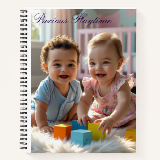 Vrolijke baby's spelen op een zacht bontkleed notitieboek