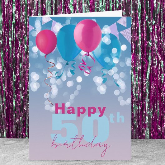 Vrolijke Ballonnen Lichten Bunting Vlaggen 50ste V Kaart
