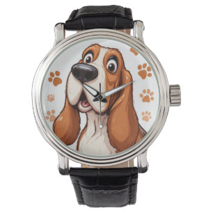 Vrolijke Basset Dog met Oranje Pawprints Horloge