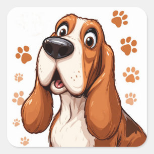 Vrolijke Basset Dog met Oranje Pawprints Vierkante Sticker