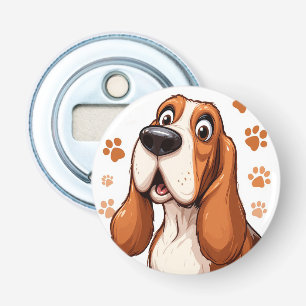 Vrolijke Basset Hond met Oranje Pootafdrukken Button Flesopener