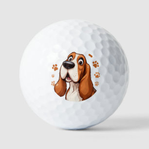 Vrolijke Basset Hond met Oranje Pootafdrukken Golfballen