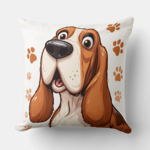 Vrolijke Basset Hond met Oranje Pootafdrukken Kussen