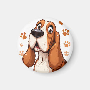 Vrolijke Basset Hond met Oranje Pootafdrukken Magneet