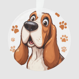 Vrolijke Basset Hond met Oranje Pootafdrukken Ornament