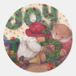 Vrolijke Beren maken Kerstkrans Ronde Sticker