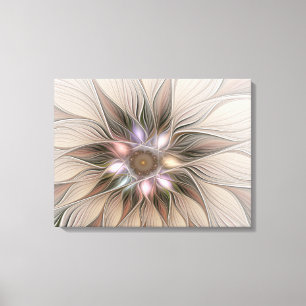 Vrolijke Bloem Abstract Beige Bruine Bloemige Frac Canvas Afdruk