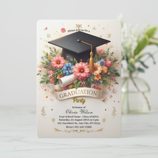 Vrolijke Bloemen Afstuderen Party Uitnodiging (Staand voorkant)