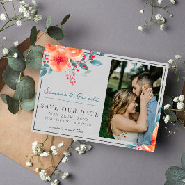 Vrolijke Bloemen Sinaasappel en Blauwgroen Bright Save The Date