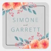 Vrolijke Bloemen Sinaasappel en Blauwgroen Bright Vierkante Sticker (Voorkant)