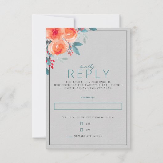 Vrolijke Bloemen Sinaasappel en Blauwgroen bruilof RSVP Kaartje (Voorkant)